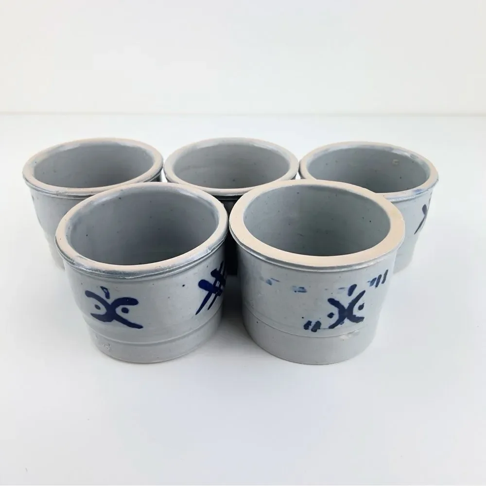 Salt Glaze Pottery Dish Boho Blue Glaze Handmade Vintage Ceramic Bowl Set Of 5 - Picture 3 of 7
